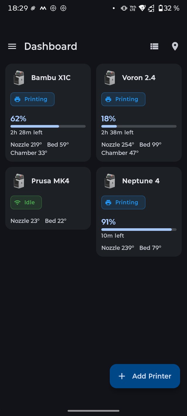 SpoolFarm dashboard: four printer tiles with status, progress and temperatures