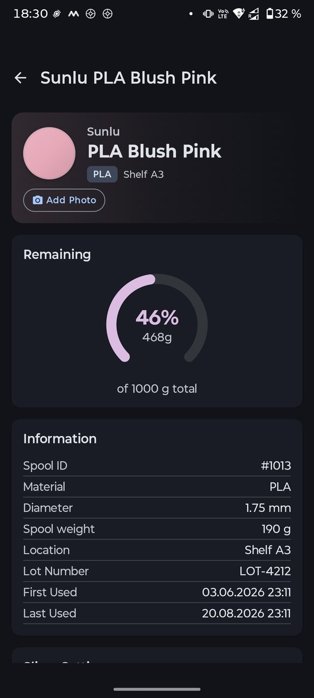 Spool card: 46 percent, 468 of 1000 grams, material, storage location, batch number