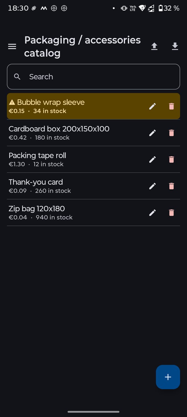 Packaging stock: boxes, bags, tape and cards with price and quantity left